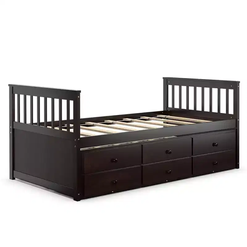 Twin Captain's Bed with Trundle and 3 Drawers for Kids - Solid Pine, Multiple Colors