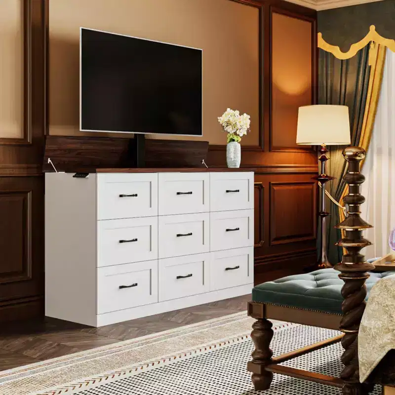 9-Drawer Electric Gaming Cabinet Height-Adjustable TV Stand Entertainment Center with 2 Power Outlets, Split Desktop TV Storage Unit for Game Nights