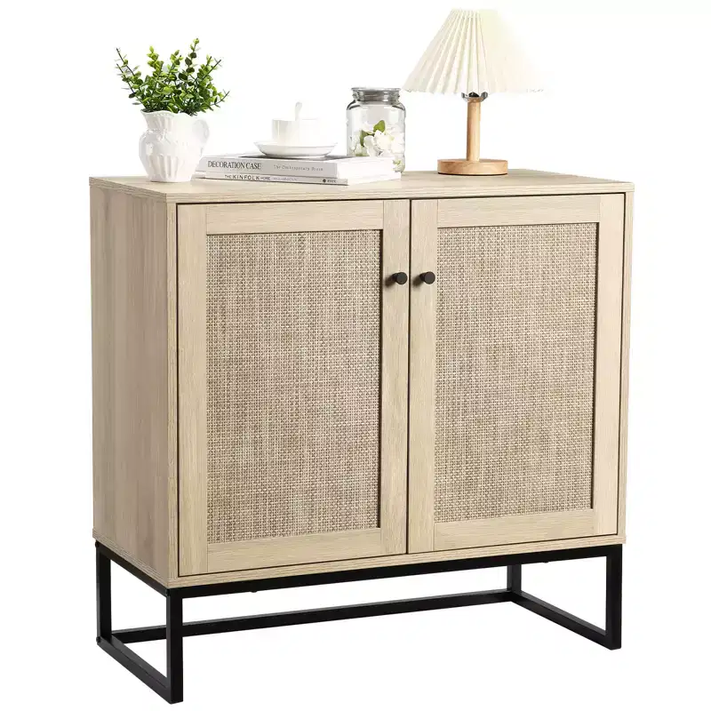 Rattan Storage Cabinet, Kitchen Sideboard, Entrance Cabinet, TV Cabinet, With Adjustable Shelves, Metal Handles for Living Room, Oak Color + Black