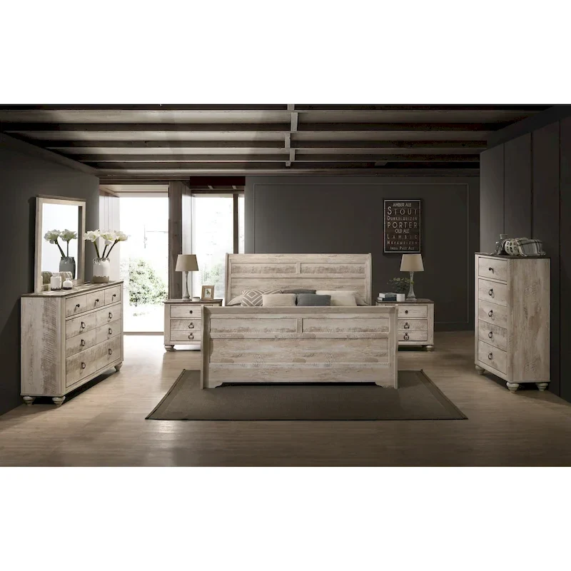 5-Piece Bedroom Set, White Wash Finish, Sleigh Bed + Dresser + Mirror + 2 Nightstands + Chest