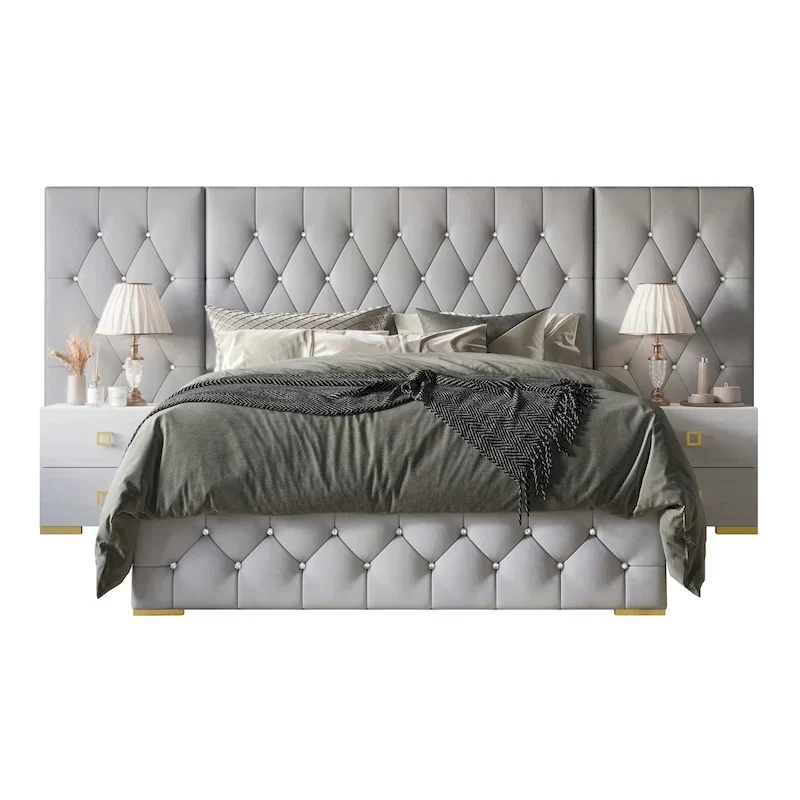 3 Piece Bedroom Nightstands Set Luxurious Velvet Tufted Platform Bed