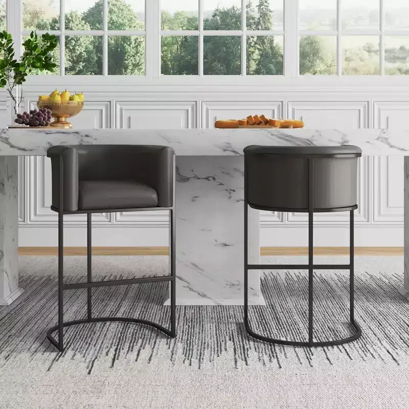 Mid-Century Modern Upholstered Metal Barstool Faux Leather 29.5