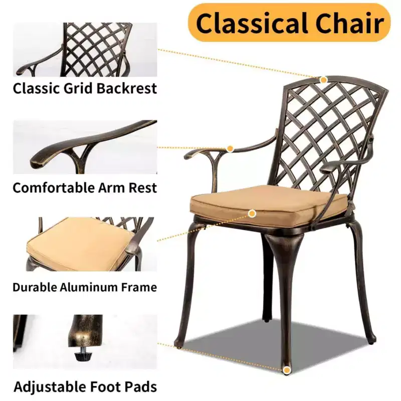 Karl Home | Elegant Bronze Cast Aluminum Patio Chair with Latte Cushions (Set of 2)