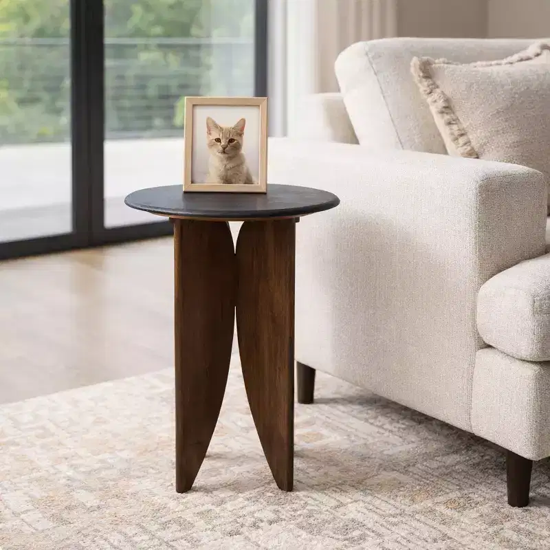 Mango Wood Base and Stone Top for Small Spaces - Round End and Side Table for Living Room, Room and Bedroom Decor - 24, Black & Brown