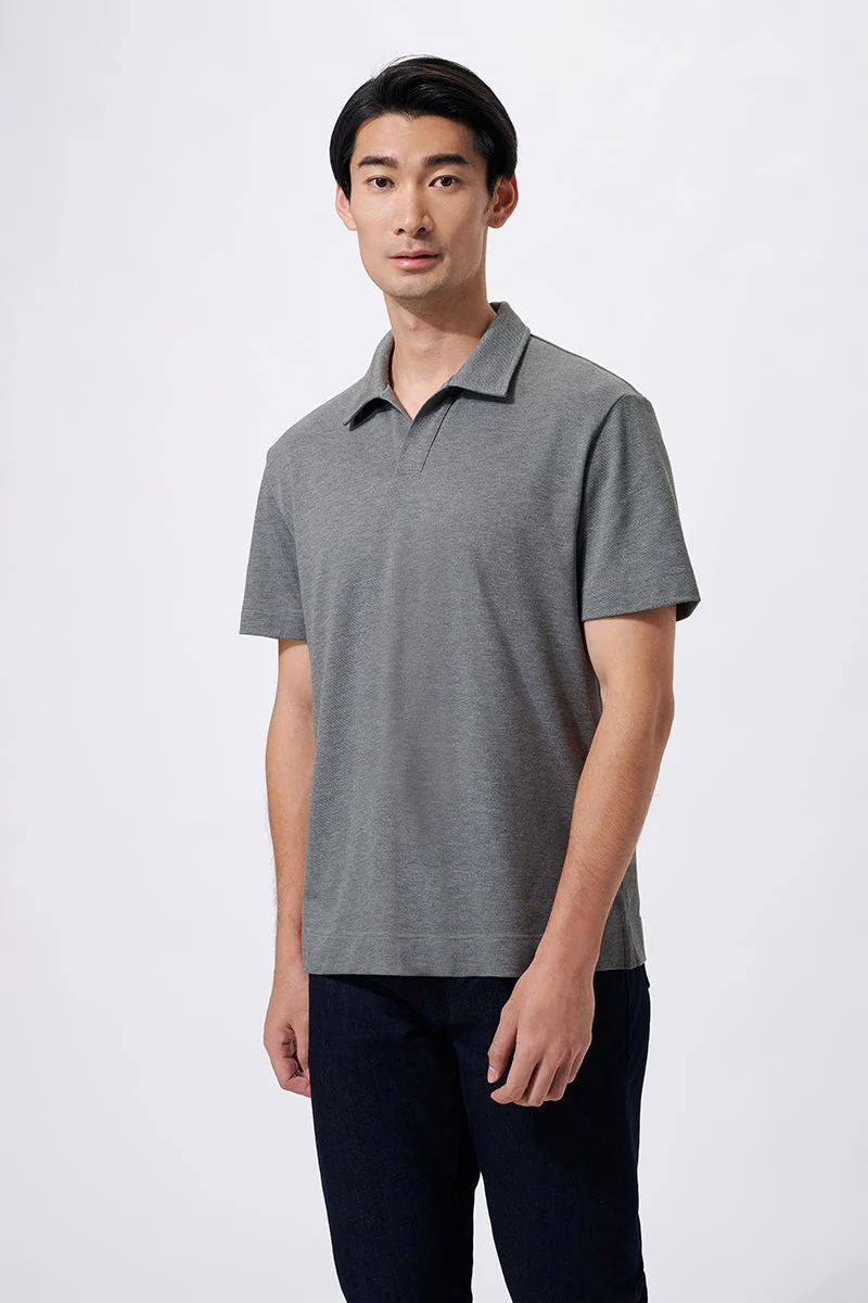Waffle-Knit Buttonless Polo – Denim Blue