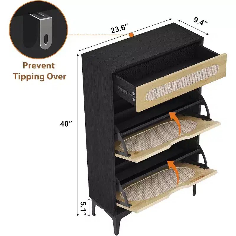 Shoe Cabinet,Rattan Shoe Storage with 2 Flip Drawer & Pull-Out Drawer,Heavy Duty Metal Leg,Adjustment Shelf,Entryway Shoe Organizers & Sotrage