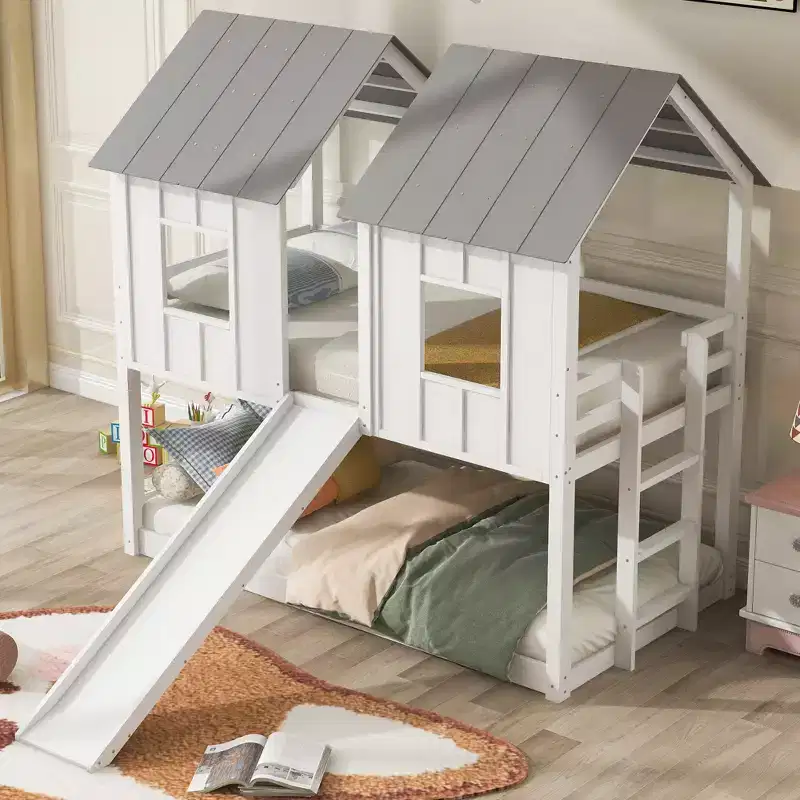 Twin Over Twin Playhouse Bunk Bed with Slide, Floor House Bunk Beds with Windows and Roof for Boys and Girls, White
