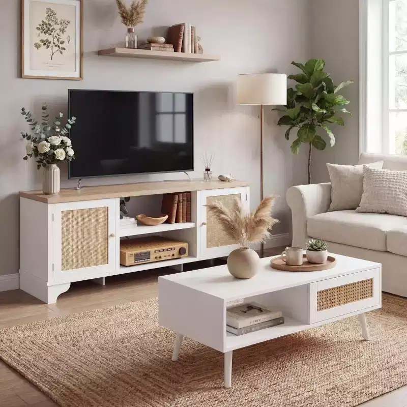 Living Room Table Sets of 2, Includes 47 Rattan TV Stand Storage Cabinet for 55 TV, Farmhouse Coffee Table with Storage Shelf for Bedroom