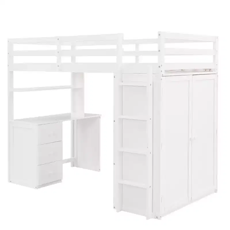 CLIHOME Twin size Loft Bed with 3 Storage Drawers, Desk and Wardrobe