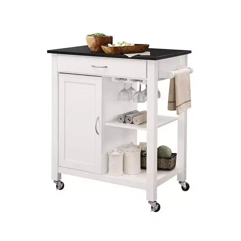 Wheeled Kitchen Bar Cart Black/White – Glass Rack, Drawer, Storage