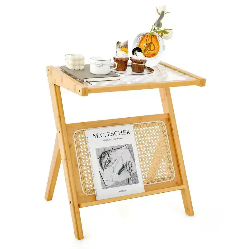 Costway Rattan Side Table Bamboo Accent Bedside Table with Tempered Glass Top Walnut/Natural