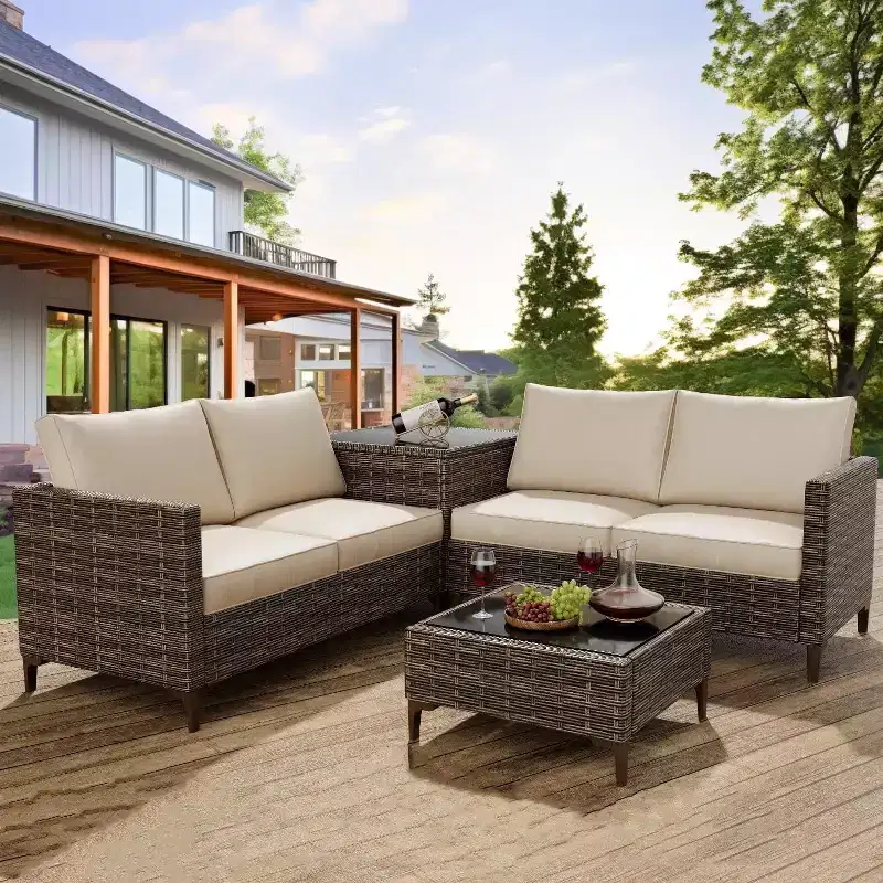 COZONY All Weather PE Rattan Patio Sectional Set, Loveseat Sofa Coffee Table with Storage for Backyard Poolside Porch