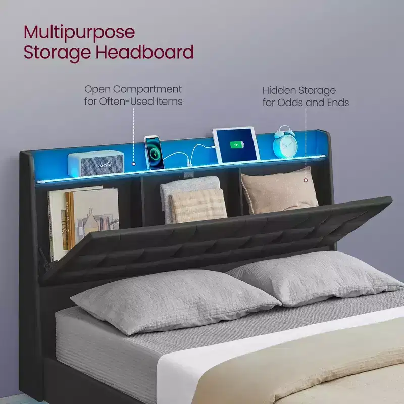 Queen Size Floating Bed Frame with LED Lights, Queen Bed Frame with Charging Station, Tufted Storage Headboard, Upholstered Platform Bed Frame