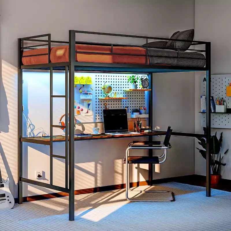 HOMCOM Twin Loft Bed with Desk, LED Lights, Charging Station, Twin Size Metal Loft Bed Frame with Safety Guardrail, Ladder, Noise Free, Black
