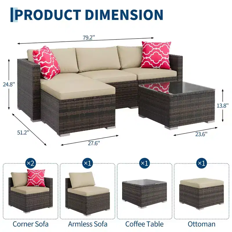 5-Piece All-Weather Patio Furniture Set, Convertible Outdoor Sectional Sofa with Ottoman & Tempered Glass Table, Rattan Conversation Set for Garden