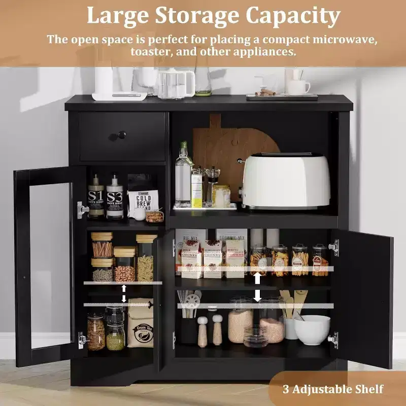 Black / Walnut+White / Wood Color Kitchen Storage Cabinet – 1 Drawer, 2 Doors, Adjustable Shelves, Microwave Stand