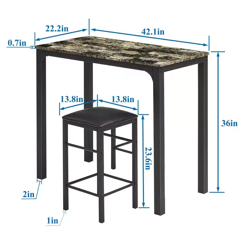 VECELO 3 Pieces Counter Height Bar Table and Chairs Set, Rectangular Kitchen Dining Set for 2 with PU Leather Chairs and Marble Table Top
