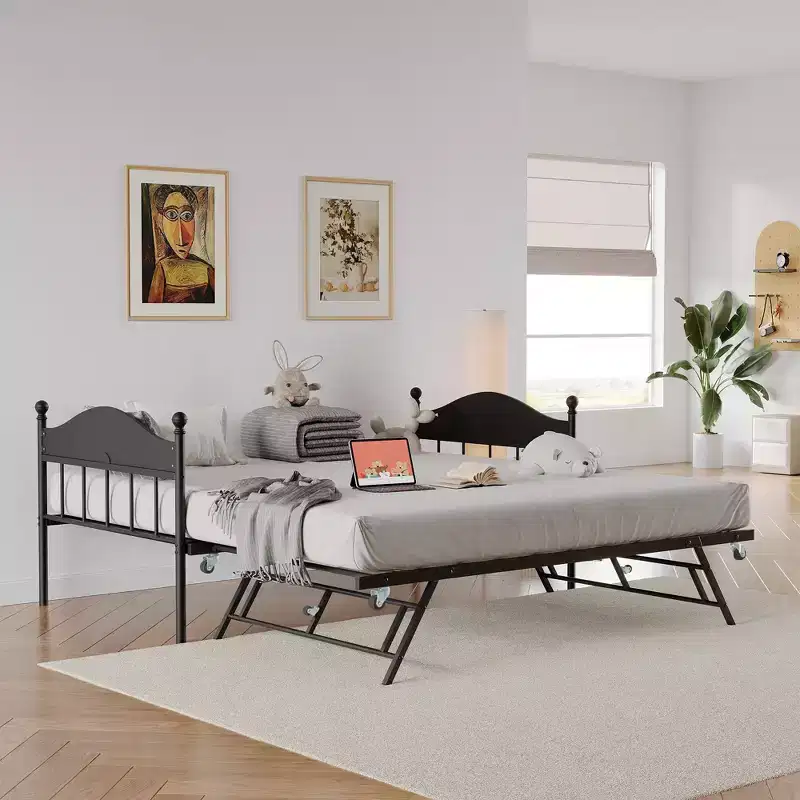 Daybed with Trundle, Metal Twin Size Day Bed with Stylish Headboard, Sofa BedFrame with Pop Up Foldable Trundle Bed, Heavy Duty Steel Slats Platform
