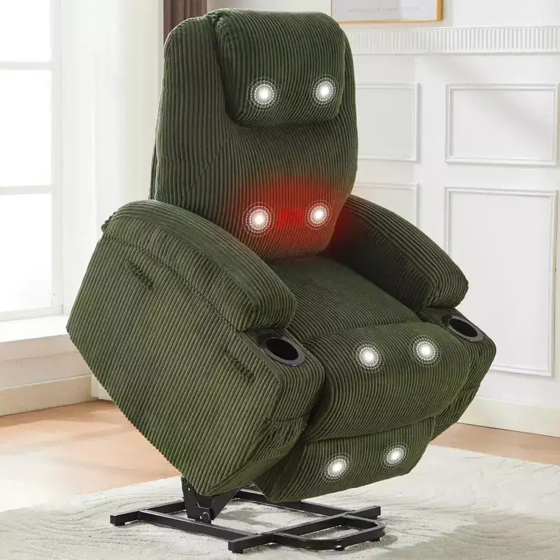 Corduroy Power Lift Recliner Chair with Massage and Heat, Oversized Fabric Reclining Sofa for Living Room