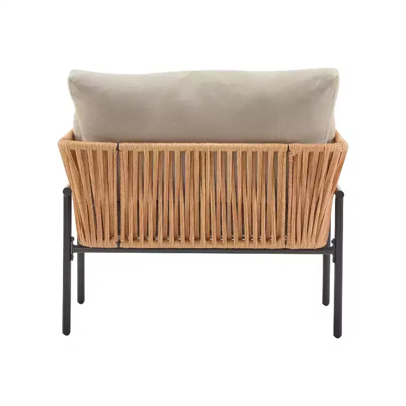 36W Patio Accent Chair Lounge Chair Arm Chair with Cushions, Pillows and Stylish Rope-Weave Design, Iron, Beige+Grey/Natural-ModernLuxe