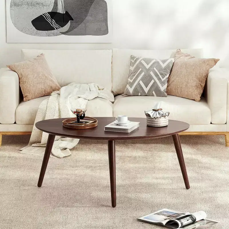 GDFStudio Adolph Mid-Century Modern 33.46 W Solid Oak Wood Oval Coffee Table with Three Legs