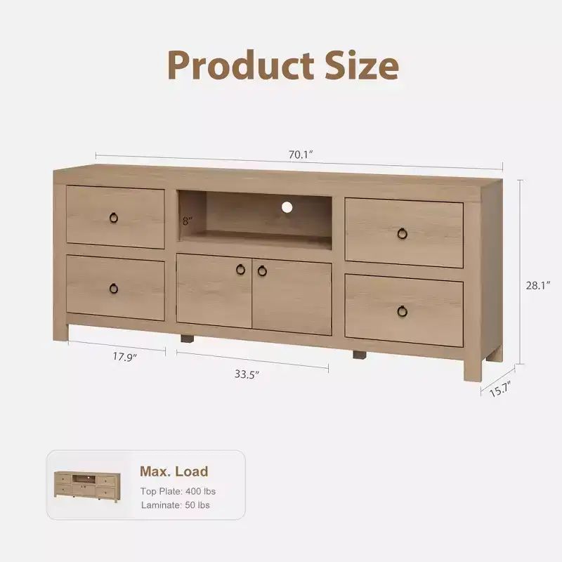 Farmhouse TV Stand for 75-80 Inch TVs, Long Entertainment Center with 6 Storage Drawers & Soundbar Shelf, White Media Console for Living Room