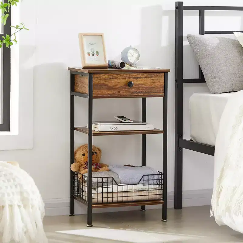VECELO Tall Side End Table, Nightstand Shelf Storage Organizer with Pull-Out Metal Basket for Living Room or Bedroom, Gray/Brown