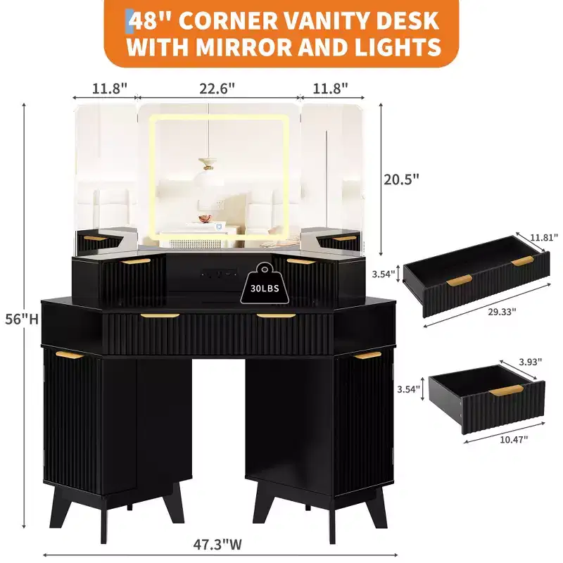 COZONY 48 Fluted Makeup Vanity Desk, Lighted Corner Vanity with HD Tri-Fold Mirror, Glass Top, Charging Station