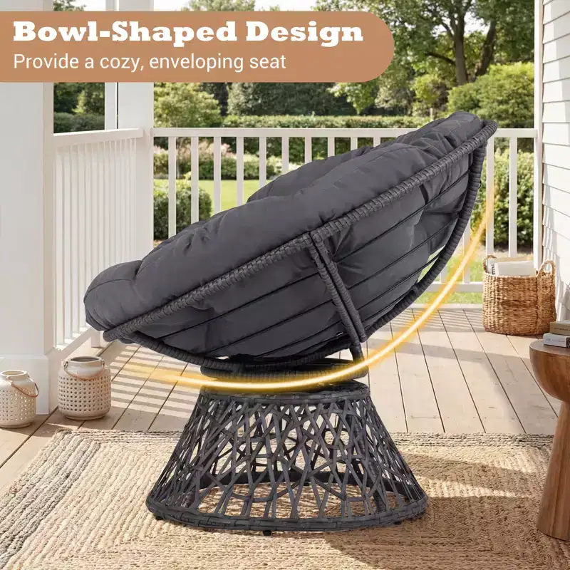 Gymax 360-DegreeSwivel Papasan Chair Round Wicker Lounge Chair w/Thick Cushion&Metal Frame