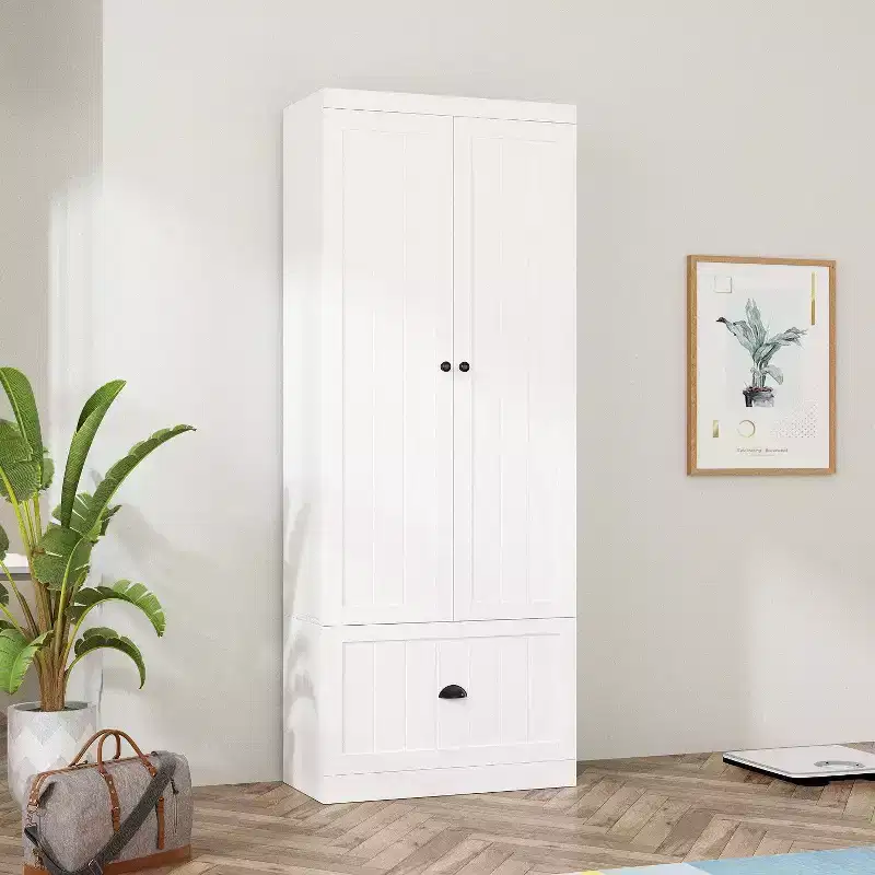 Hitow White Wardrobe Double Door Single Drawer 4 Levels of Storage