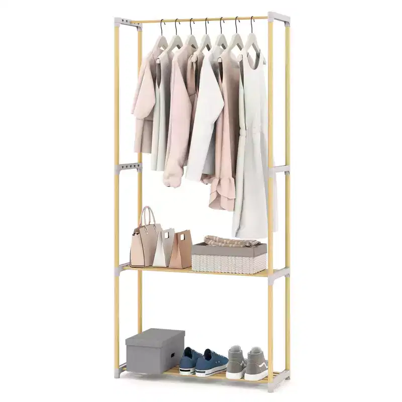 Costway Pine Wood Clothes Rack with 2-Tier Open Storage Shelf for Bedroom, Wardrobe Closet Natural and Gray