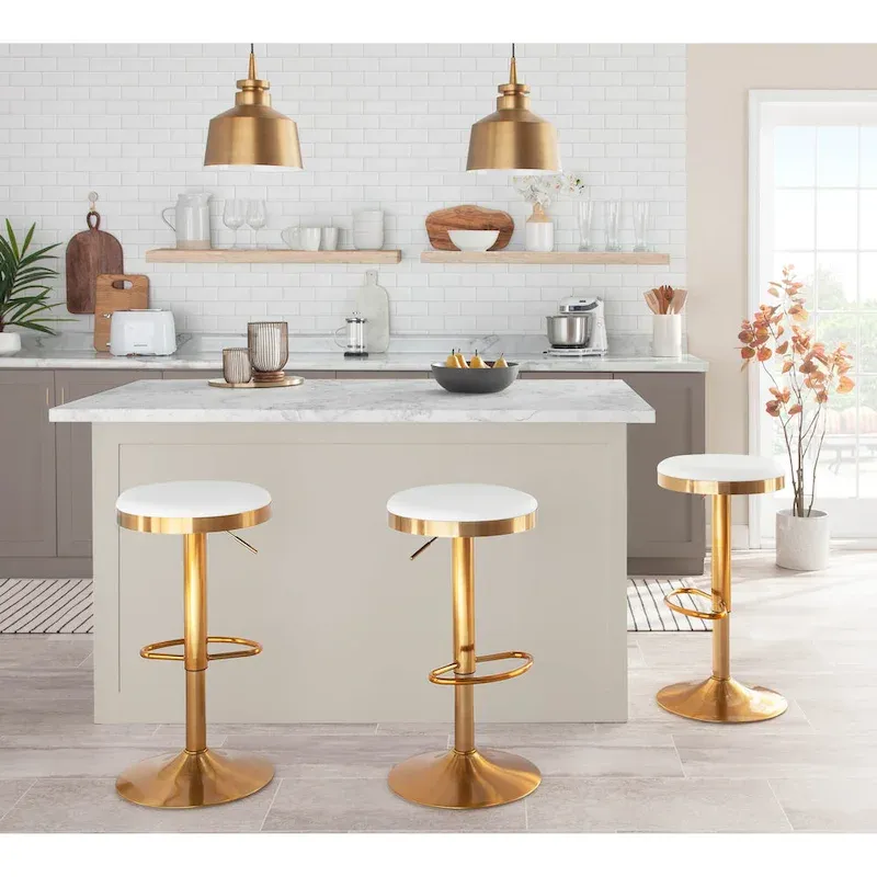 Set of 2 Counter Bar Stools | Gold Steel Frame | White Faux Leather | Adjustable Height