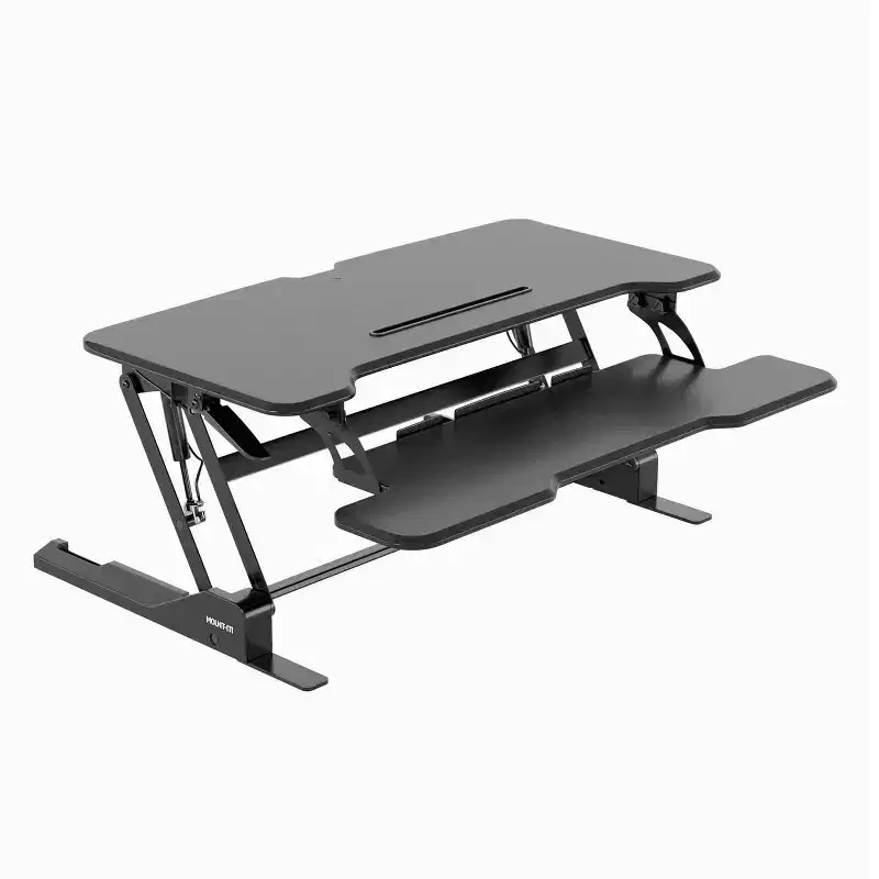 Mount-It! Height Adjustable Stand Up Desk Converter | 38 Wide Tabletop Standing Desk Riser with Gas Spring & Keyboard Tray Fits Two Monitors | Black