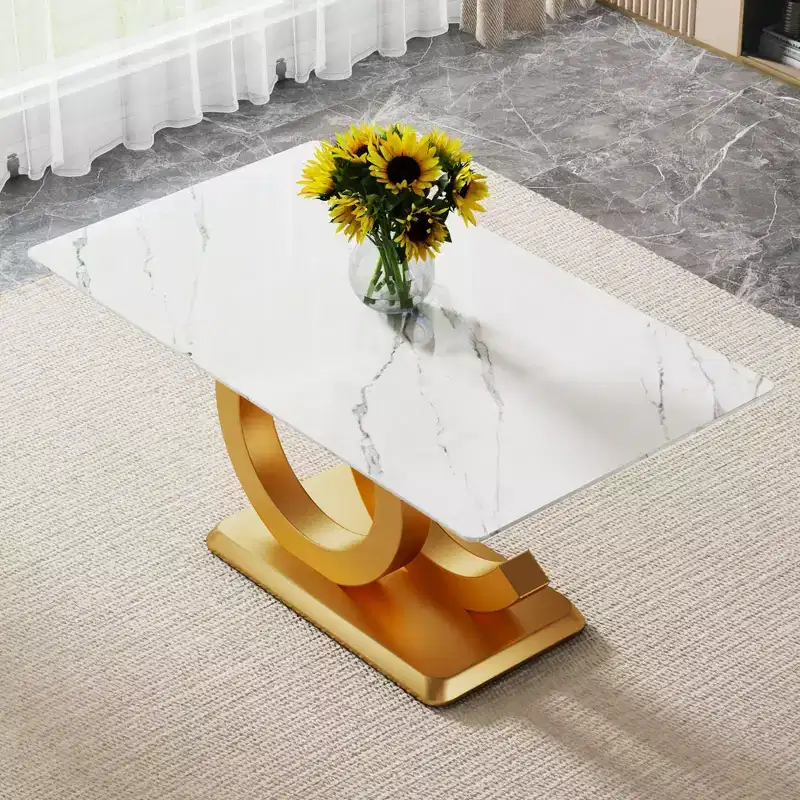 Okak Morden Dining Table Dining Room Table with Unique Base Design and Imitation Marble Top for 4 for Kitchen, Gold