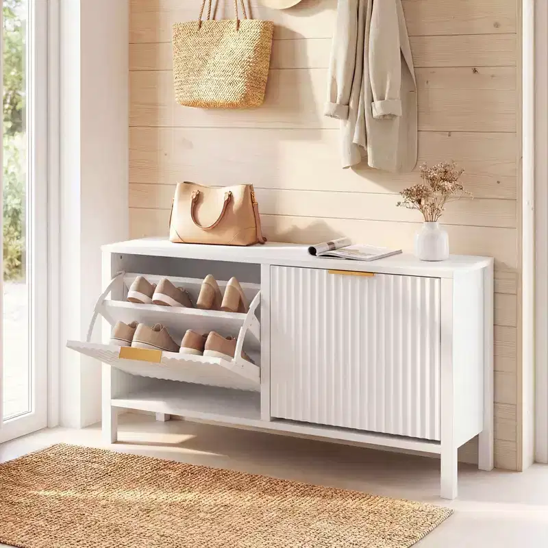 Shoe Storage Bench Narrow Wooden Entryway Bench with 2 Flip Drawers for Hallway