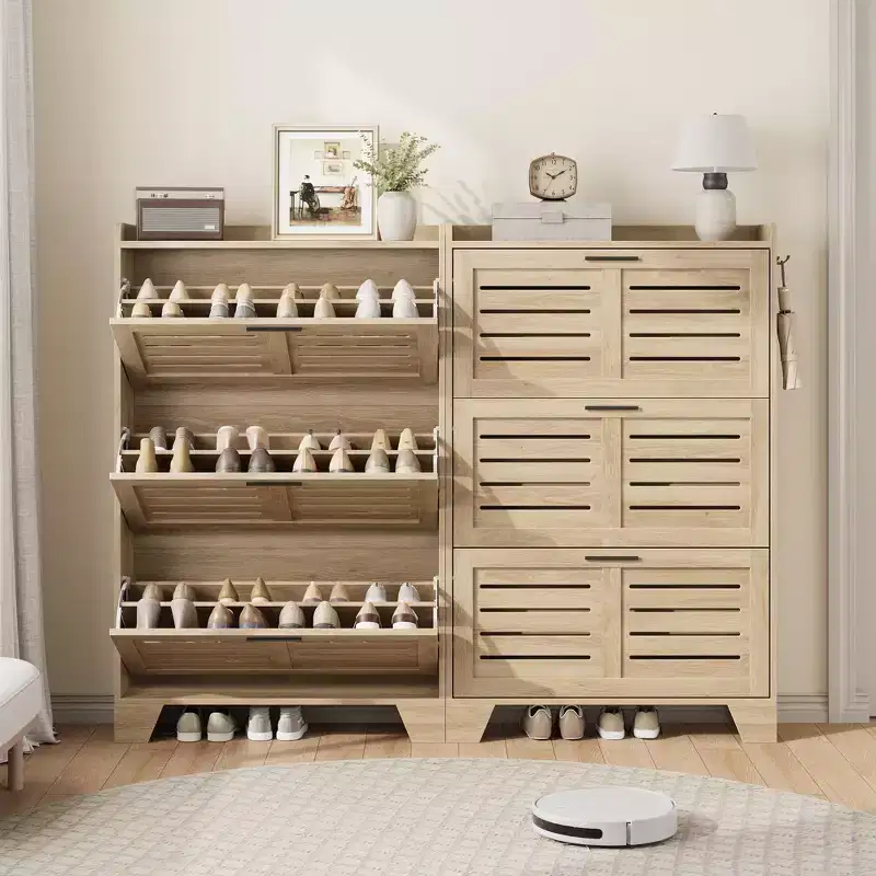Shoe Storage Cabinet with 3 Flip Drawers, Freestanding Shoe Organizer Storage for Entryway with 2 Side Hooks, Hidden Slim Narrow Shoe Rack Cabinet