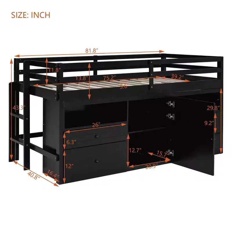 Twin Size Low Loft Bed for Kids, Wood Twin Loft Bed with Storage Drawers, Underneath Cabinet and Shelves