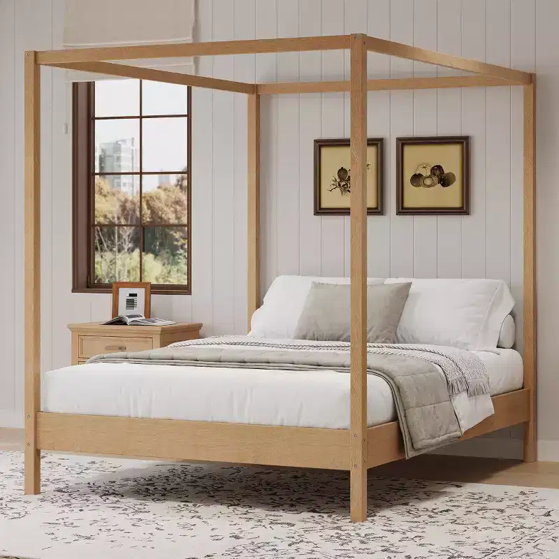 Solid Pine Wood Canopy Bed Frame, Queen/King, Slat Support, 650 lb Capacity
