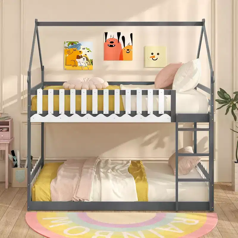 Twin Over Twin House Bunk Bed with Fence & Ladder - Solid Wood, Gray
