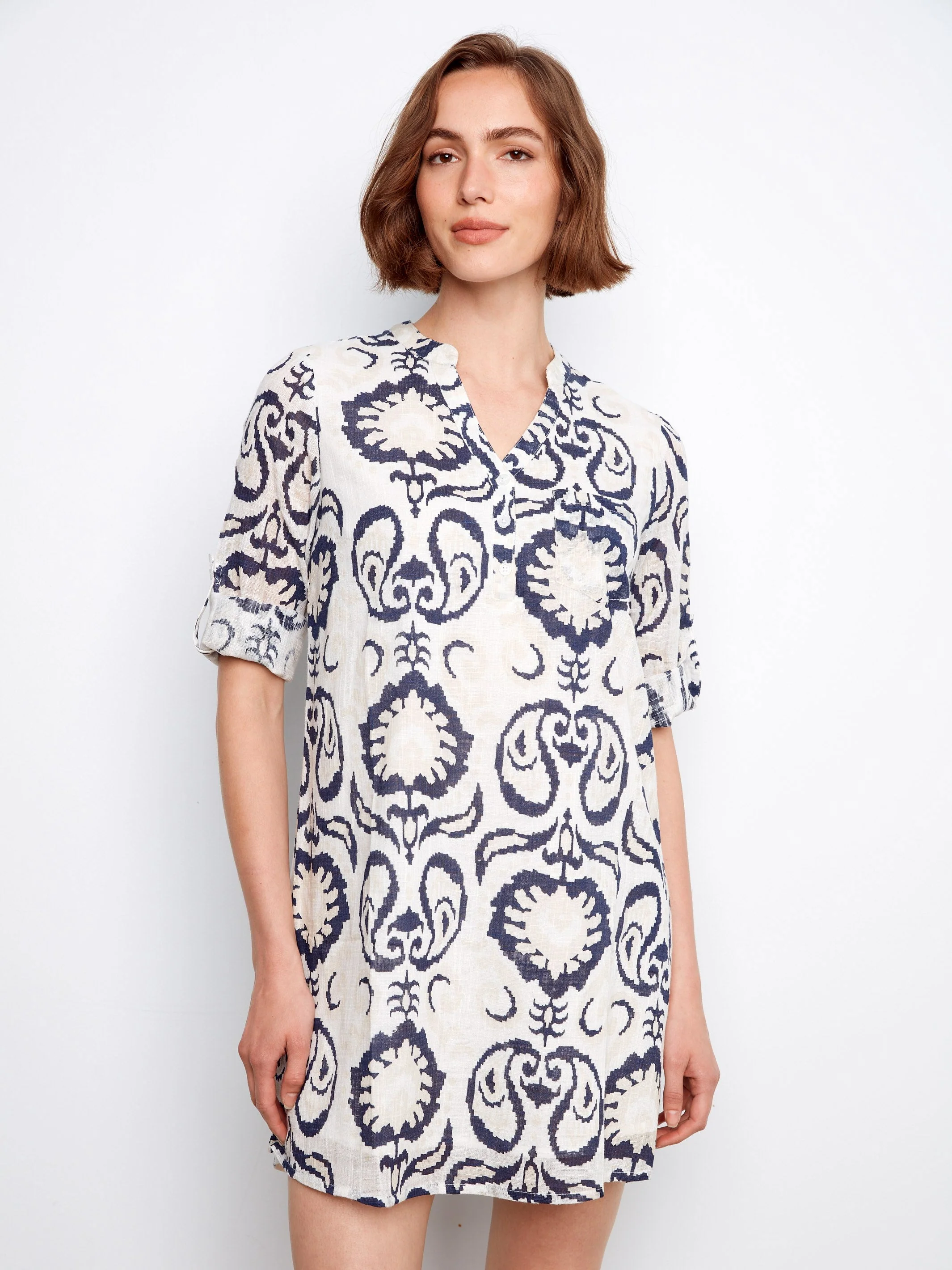 Printed Cotton Blend Henley Shirt Dress - Patterned