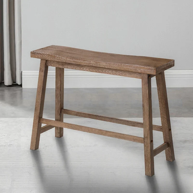 33 Inch Saddle Seat Bench with Angled Frame, Sandblasted Antique Brown Acacia Wood