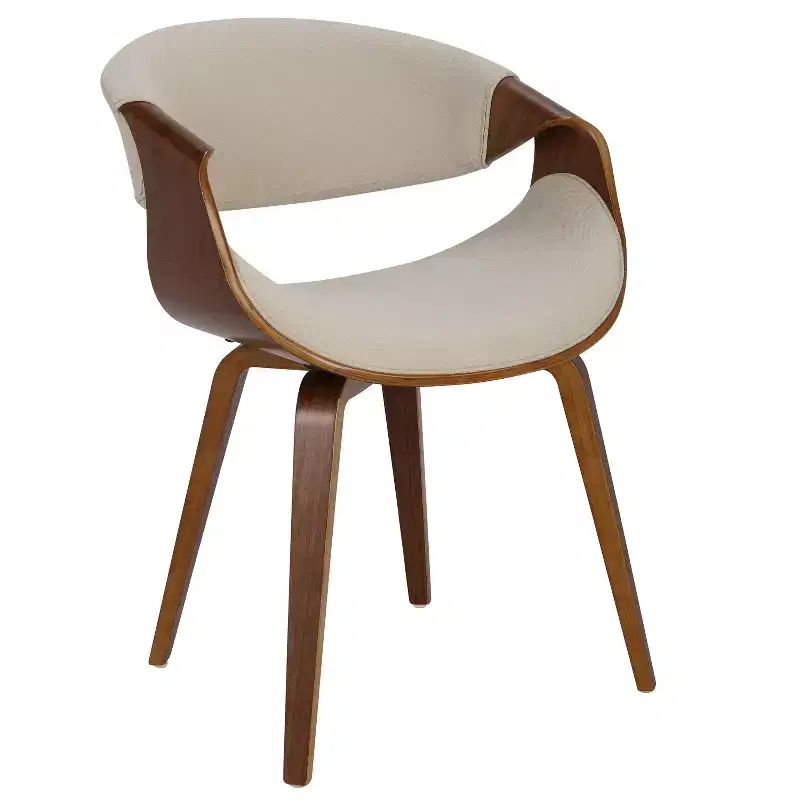 Mid-Century Modern Dining Accent Chair, Woven Fabric, Curved Wood Armrests