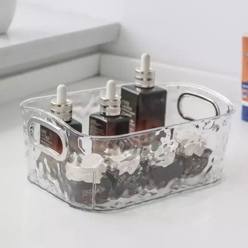 2 Pack Clear Storage Bins with Silver Handles, Container Bins for Organizing - Bathroom, Kitchen, Pantry, Closet, Vanity