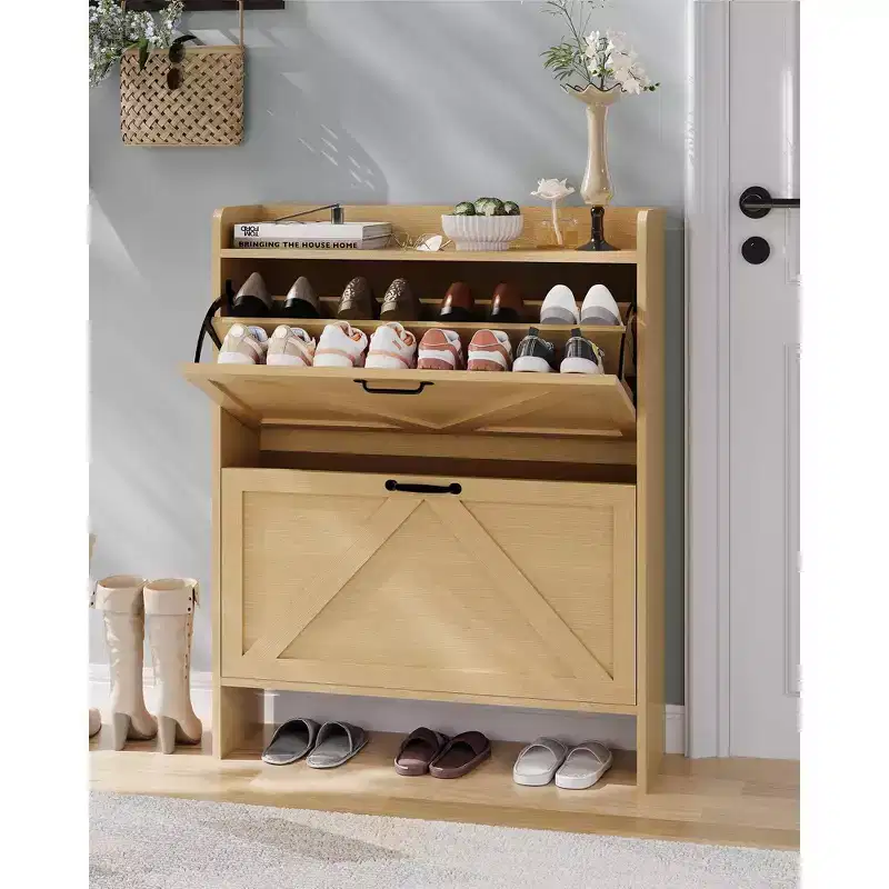 Shoe Storage Cabinet with 2 Flip Drawers, Entryway Slim Shoe Rack, Freestanding Hidden Shoe Organizer Cabinet with Metal Legs