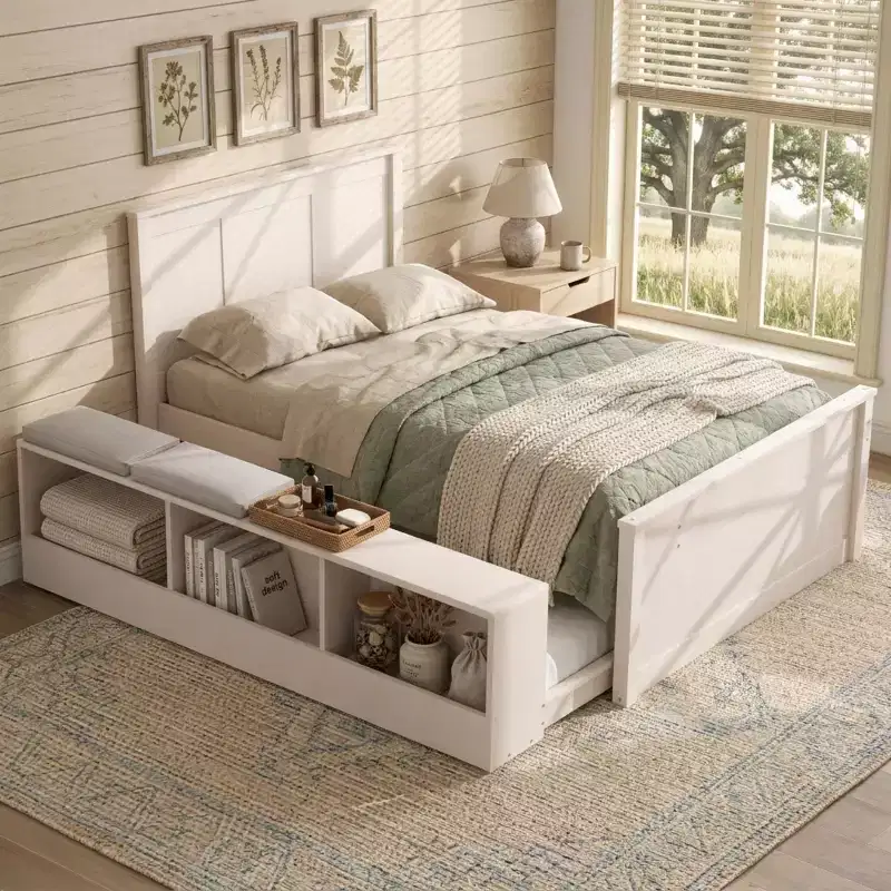 Polibi Solid Wood Platform Bed with Trundle and Storage Cabinet