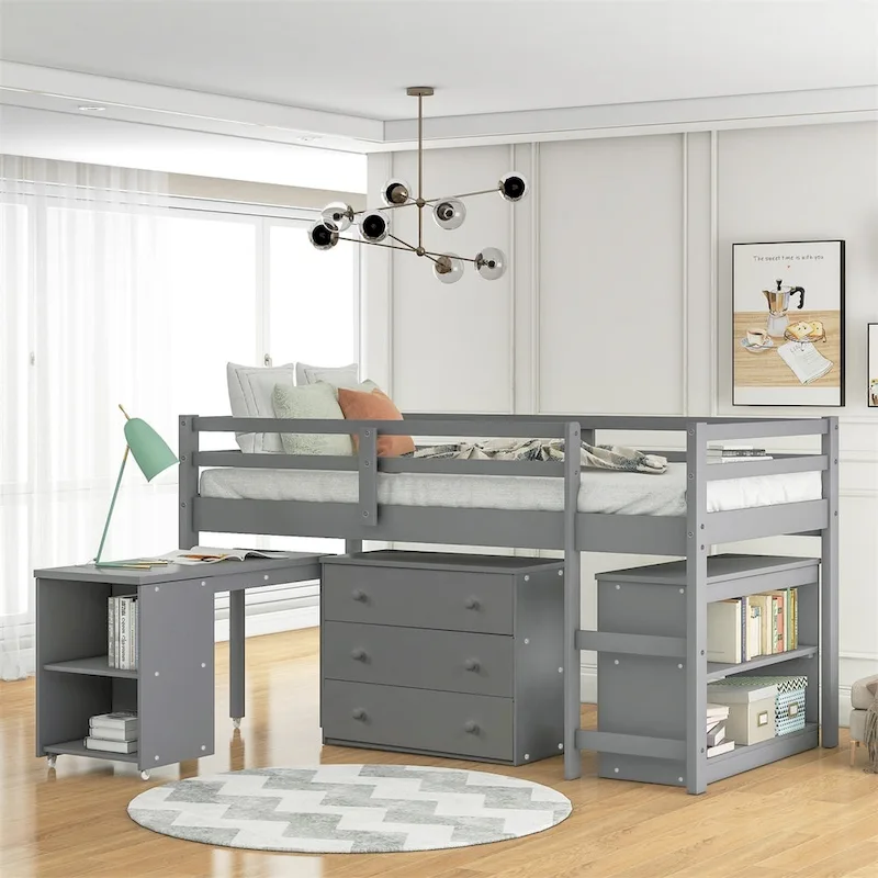 Twin Low Loft Bed with Roll-Out Desk, 3 Storage Drawers & 2-Tier Bookshelf, Pine Wood, Espresso/Gray/White