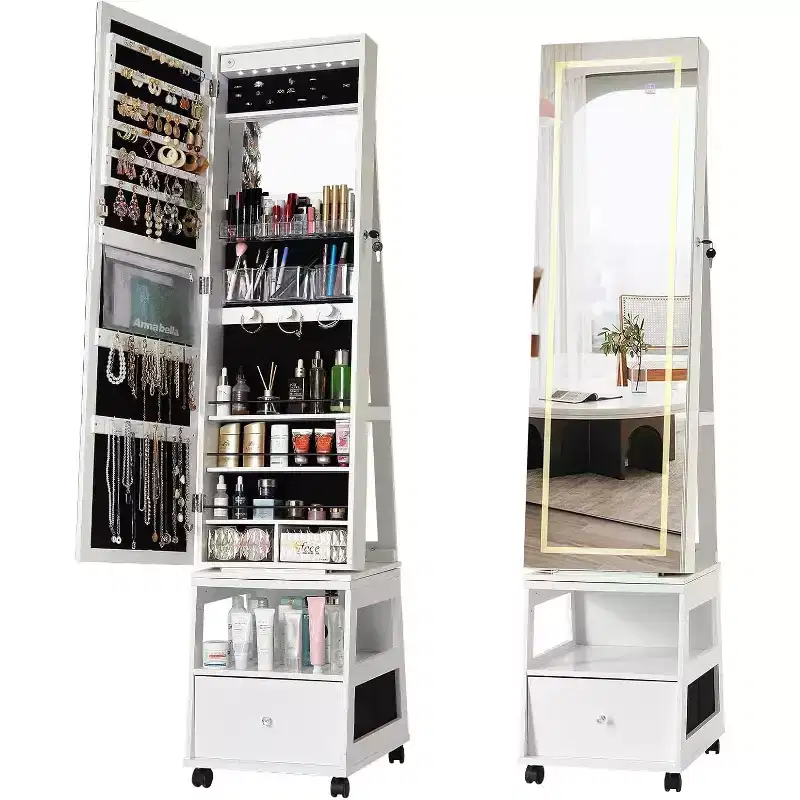 360 Swivel Jewelry Cabinet With Led Lights, Rotatable Full Length Mirror With Jewelry Storage,Lockable Standing Jewelry Armoire Organizer
