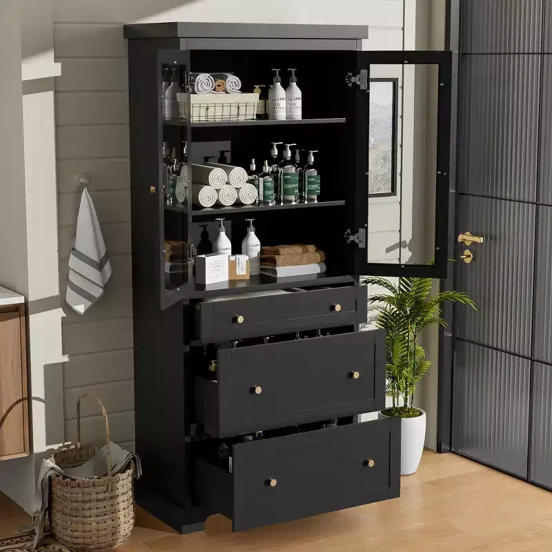 Bathroom Storage Cabinet with Soft-Close Glass Doors, Adjustable Shelves and 3 Drawers