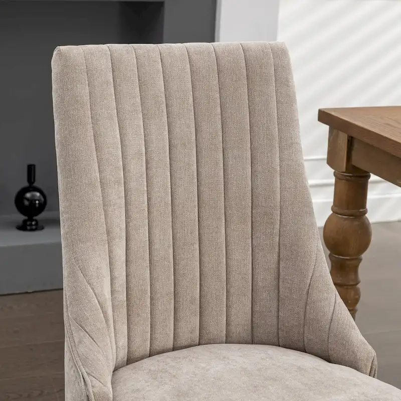 Rayon Cloth Flocking Linen Dining Chairs Channel Kitchen Dinner Upholstered Accent Chair Curved Solid Wood Legs,Set of 2