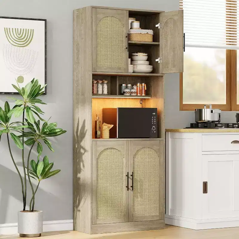 71 Pantry Cabinet, Tall Kitchen Hutch with Led Lights, Freestanding Kitchen Cabinet with Microwave Shelf, for Dining Room, Bathroom, Living Room